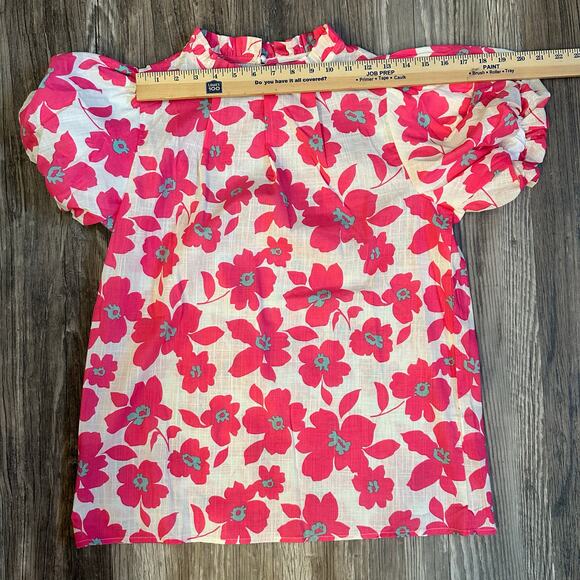 Boutique Style Floral‎ Puff Sleeve Blouse Ruffled Neck Pink Preppy- Size M - Picture 8 of 9